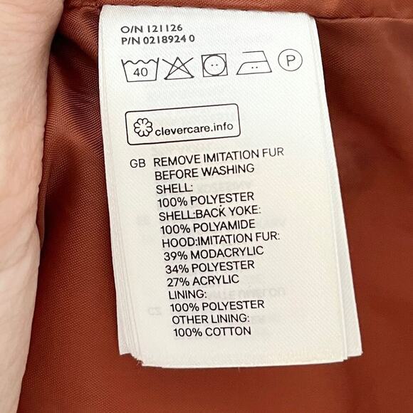 H&M L.O.G.G. Women's Puffer Vest 6 Brown Orange Hooded Faux Fur Removable Zip Up - Picture 8 of 8